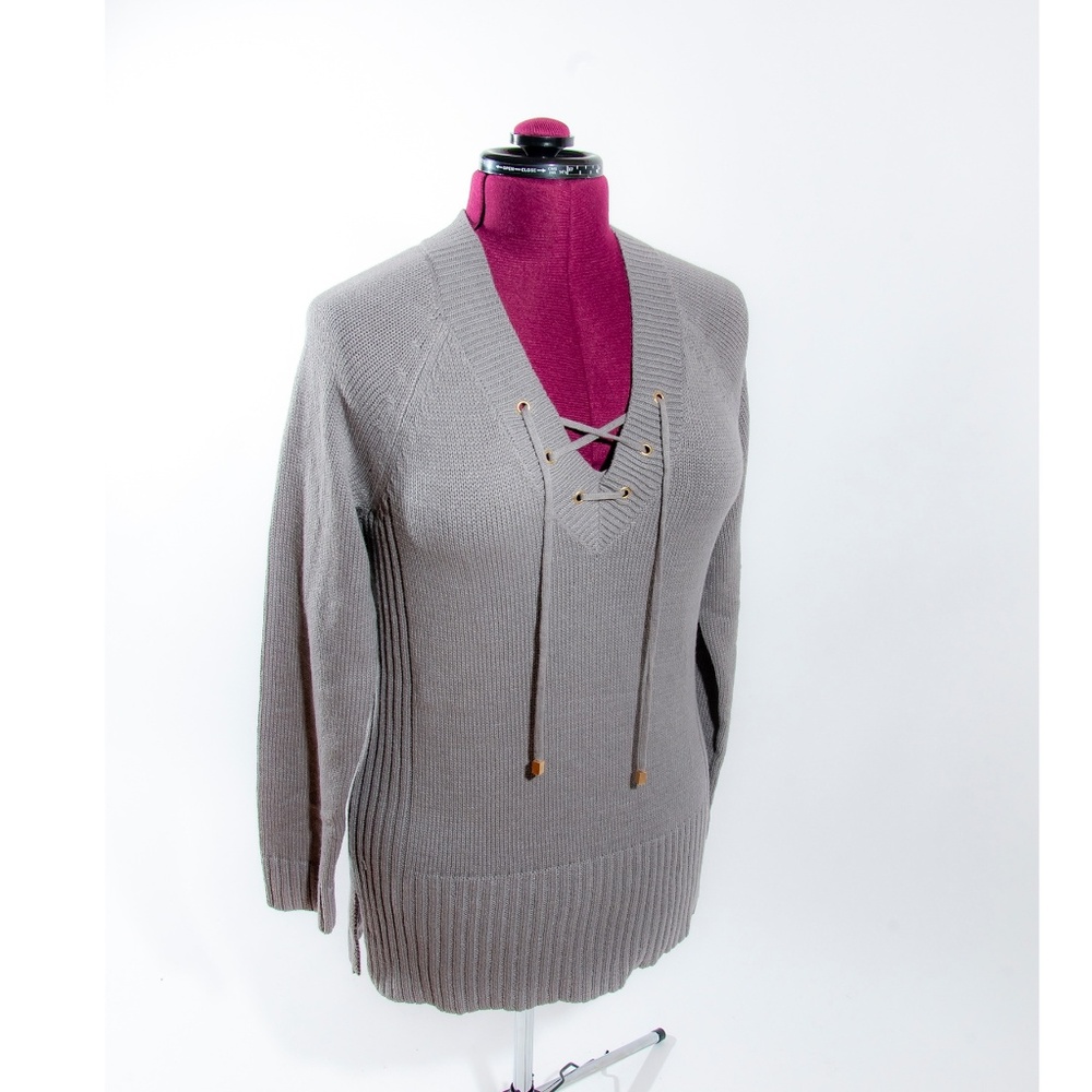 NWT Gray LaceUp Knit Sweater